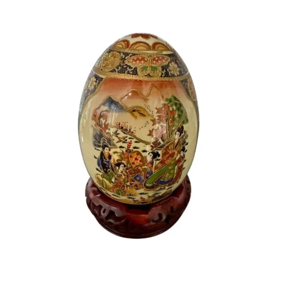 Vtg Japanese Guilded Enamel Moriage Egg Hand Painted Geisha 6